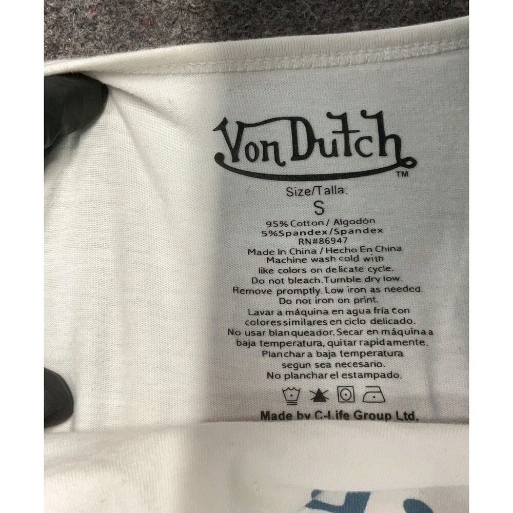 Von Dutch Y2K White Crop Top Skull Graphic Long Sleeve Stretch Tee Women Size S - Picture 8 of 8
